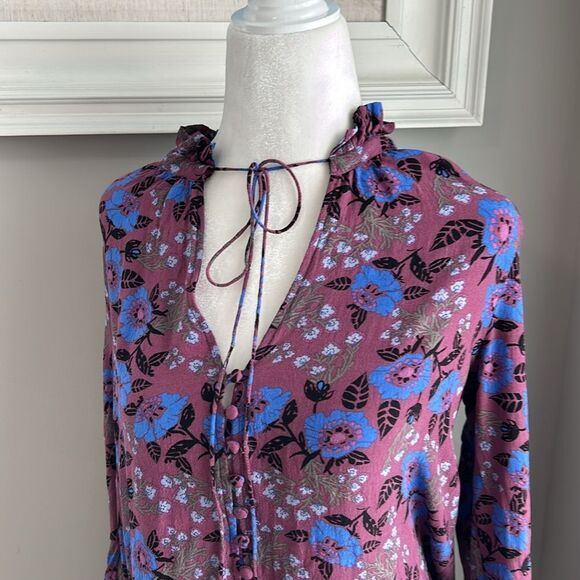 Free People Magic Mystery Tunic Purple Blue Boho Floral Tie Neck Top Blouse S - Picture 5 of 9